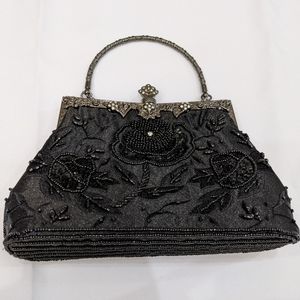 Vintage Black Embroidered Bead Evening Clutch Bag
